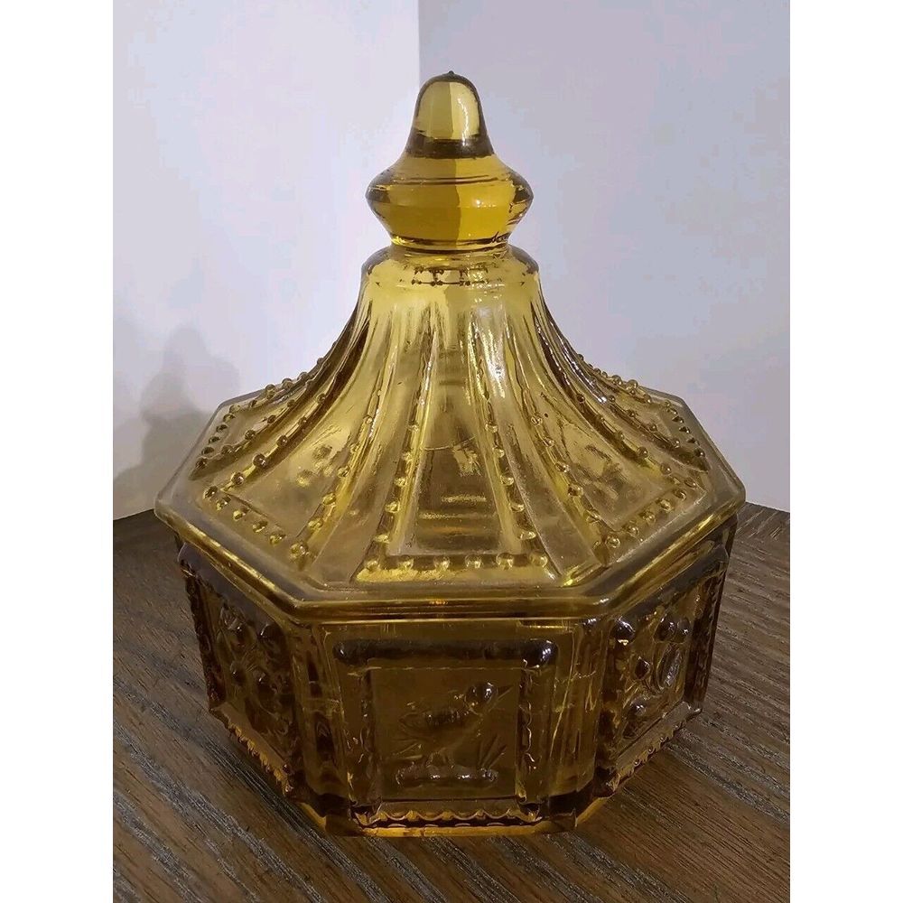 Vintage Imperial Glass Candy Dish Birds & Flowers Octagon Amber